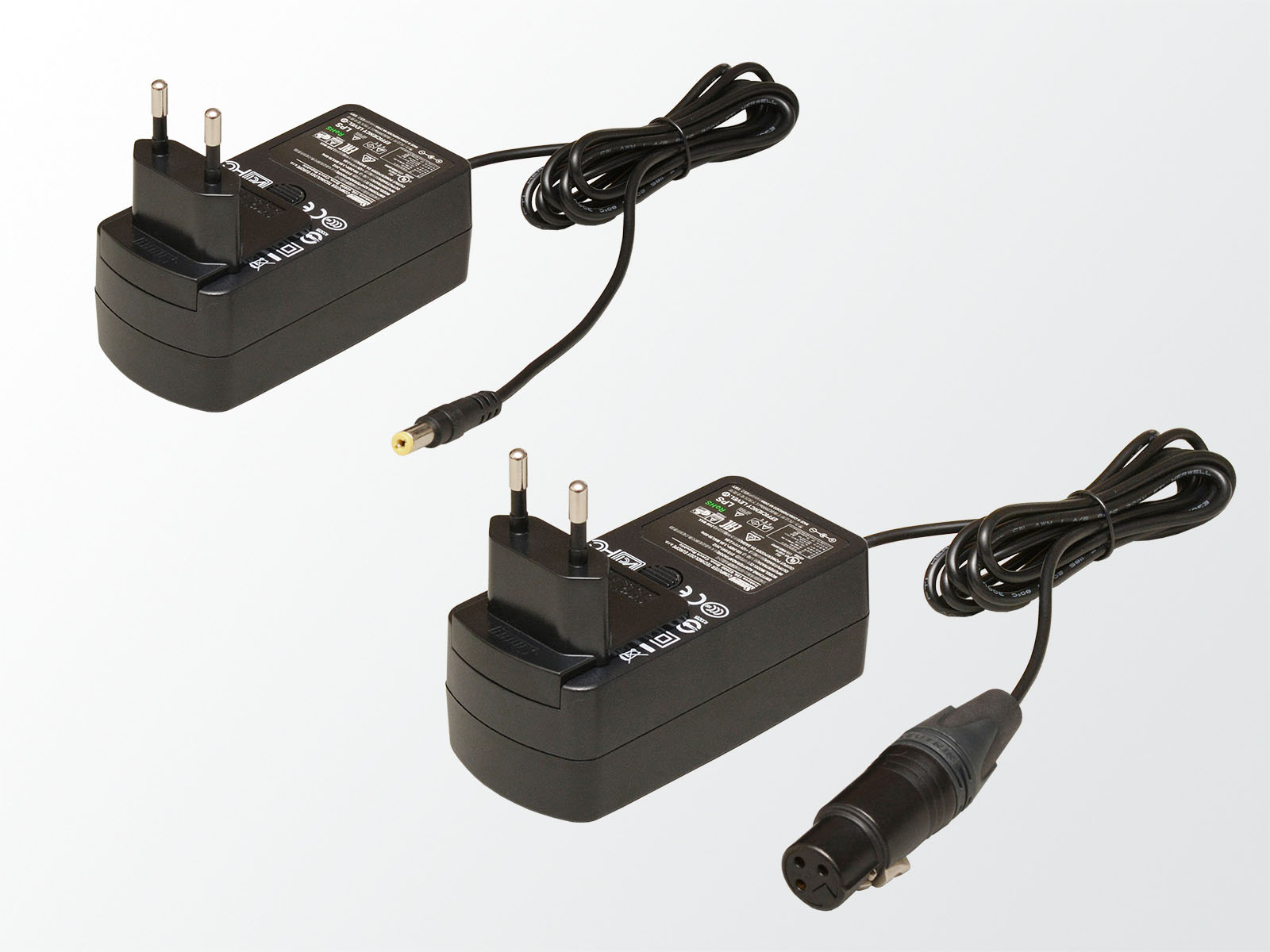 Netzteile mit XLR3 für Standfuß und NV-Stecker für Adapterplatte